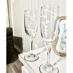 Bride & Groom Champagne Glasses White Cursive Wedding Engagement Elopement Bach